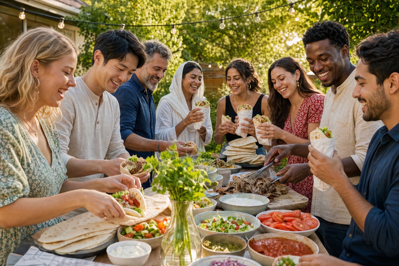 Freunde und Familie stehen lachend um einen reich gedeckten Gartentisch und füllen Fladenbrote mit Kebab