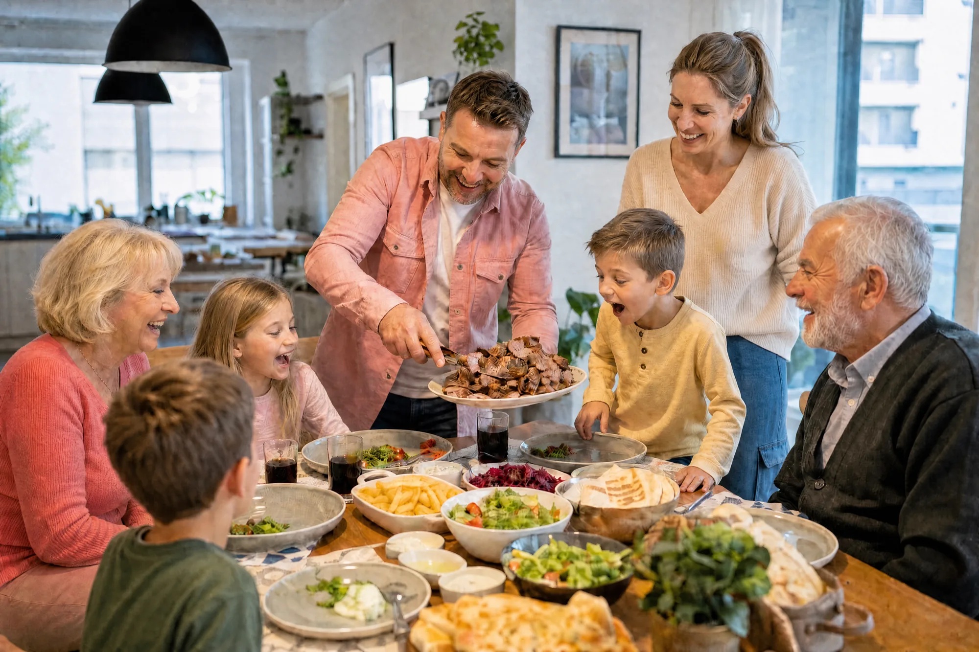Eine Familie über drei Generationen sitzt am Esstisch, während der Vater eine Platte Kebab serviert
