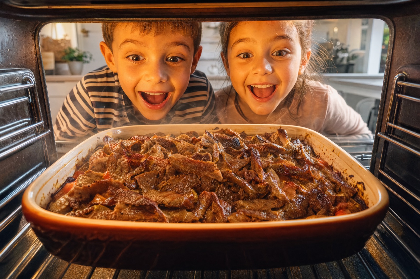 Zwei Kinder schauen begeistert in den Ofen auf eine Form mit frisch gegrilltem Kebab